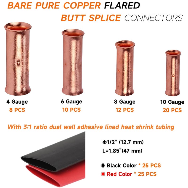 SVAAR 100PCS Flared Open Butt Connectors Kit 4/6/8/12-10 Gauge Butt Splice Connector Non-Insulated Butt Connectors Crimp Pure Copper 50PCS Seamless Barrel Wire Splice Terminals +50PCS 3:1 Heat Shrinks - Image 2